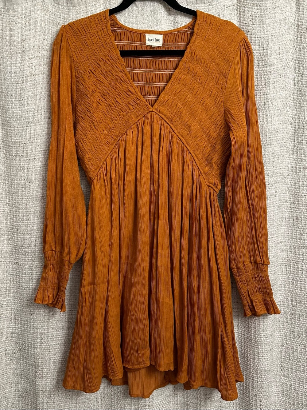 Peach Love V-Neck Long Sleeve Dress Smocked Shimmer Burnt Orange Rust Large